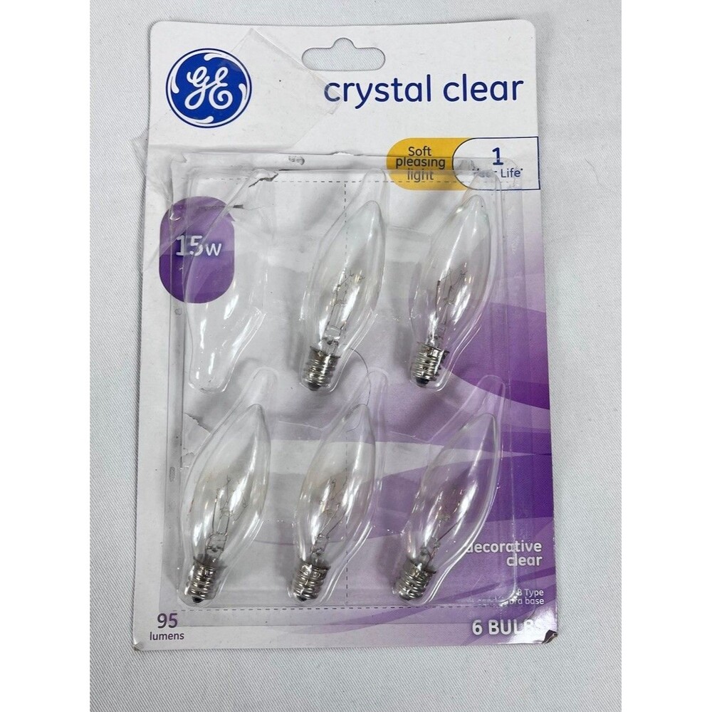 GE 15W Incandescent Bulbs Crystal Clear Candelabra Base Blunt Tip